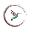 Logotipo de Gilmar Barcellos. Um colibri estilizado em verde e bordô inscrito num círculo tbm alegorizado